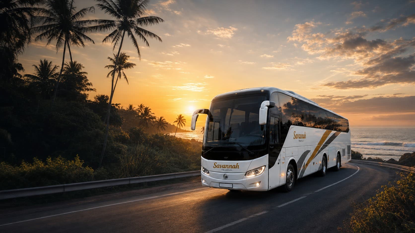 Savannah Travels luxury coach on a coastal Sri Lankan road at sunrise